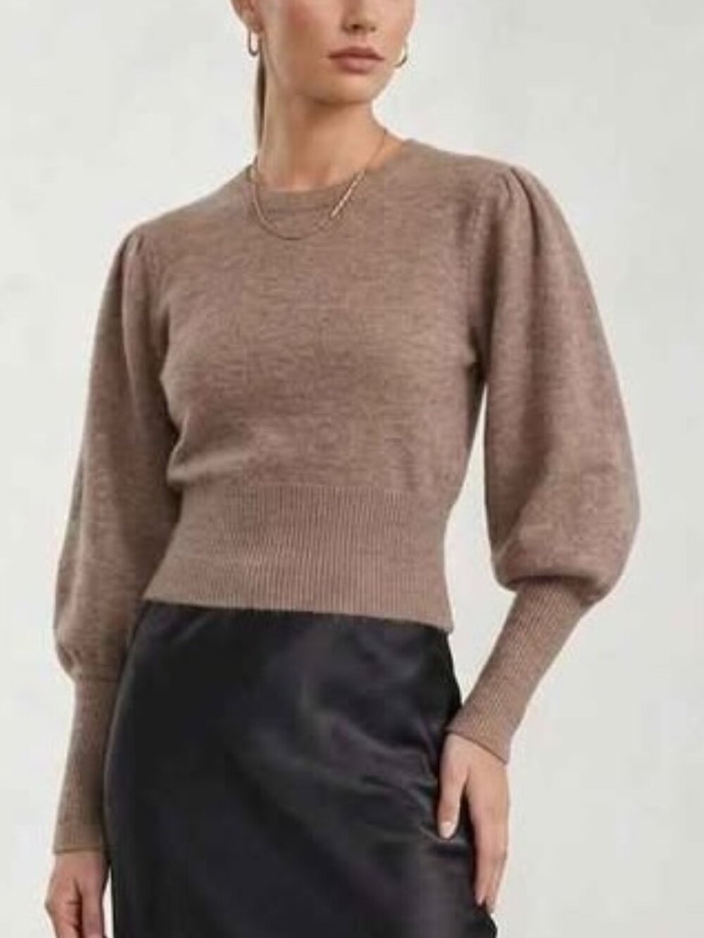 Dreamers by Debut Brown Cozy Neutral Taupe Minimalist Puff Sleeve Sweater, Small
